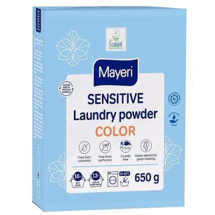 MAYERI Sensitive Veļas pulveris krāsainas veļas mazgāšanai 650g