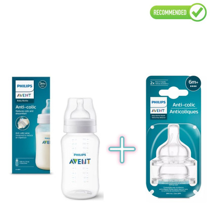 Philips Avent SCY106/01 Pretkoliku barošanas pudelīte + SCY764/02 Pretkoliku silikona knupīši