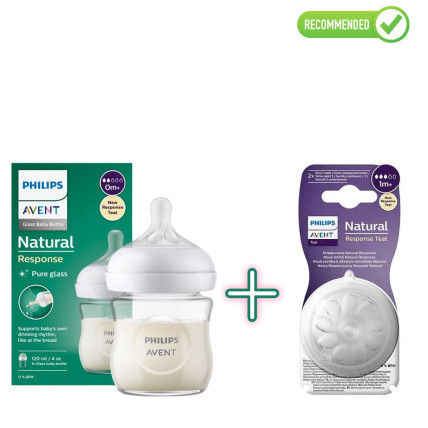 Philips Avent SCY930/01 Stikla zīdaiņu pudelīte, lēnas plūsmas knupītis 0m+, 120ml + SCY963/02 silikona knupīši