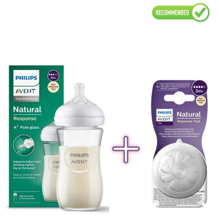 Philips Avent SCY933/01 Stikla zīdaiņu pudelīte, lēnas plūsmas knupītis 1m+, 240ml + SCY964/02 silikona knupīši